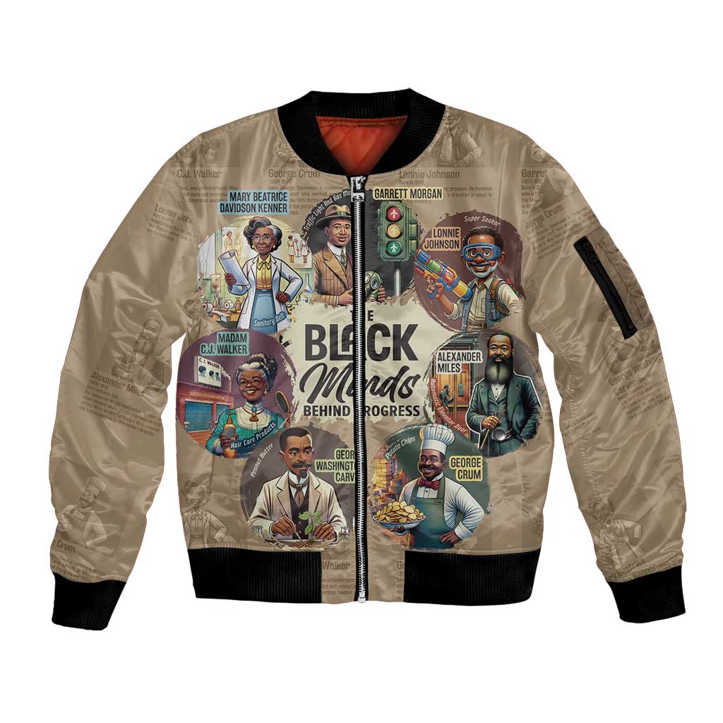 The Black Minds Behind Progress Sleeve Zip Bomber Jacket Africa Black Invention - Wonder Print Shop