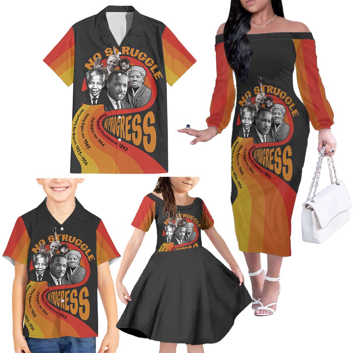 No Struggle No Progress Family Matching Off The Shoulder Long Sleeve Dress and Hawaiian Shirt Civil Rights Leaders - Wonder Print Shop
