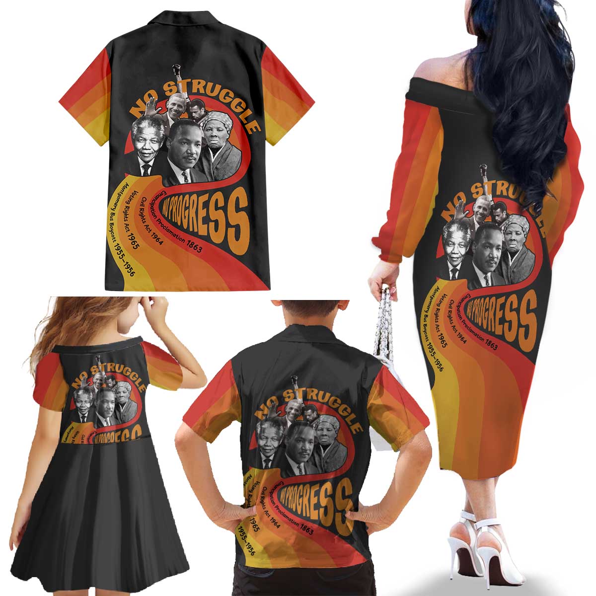 No Struggle No Progress Family Matching Off The Shoulder Long Sleeve Dress and Hawaiian Shirt Civil Rights Leaders - Wonder Print Shop