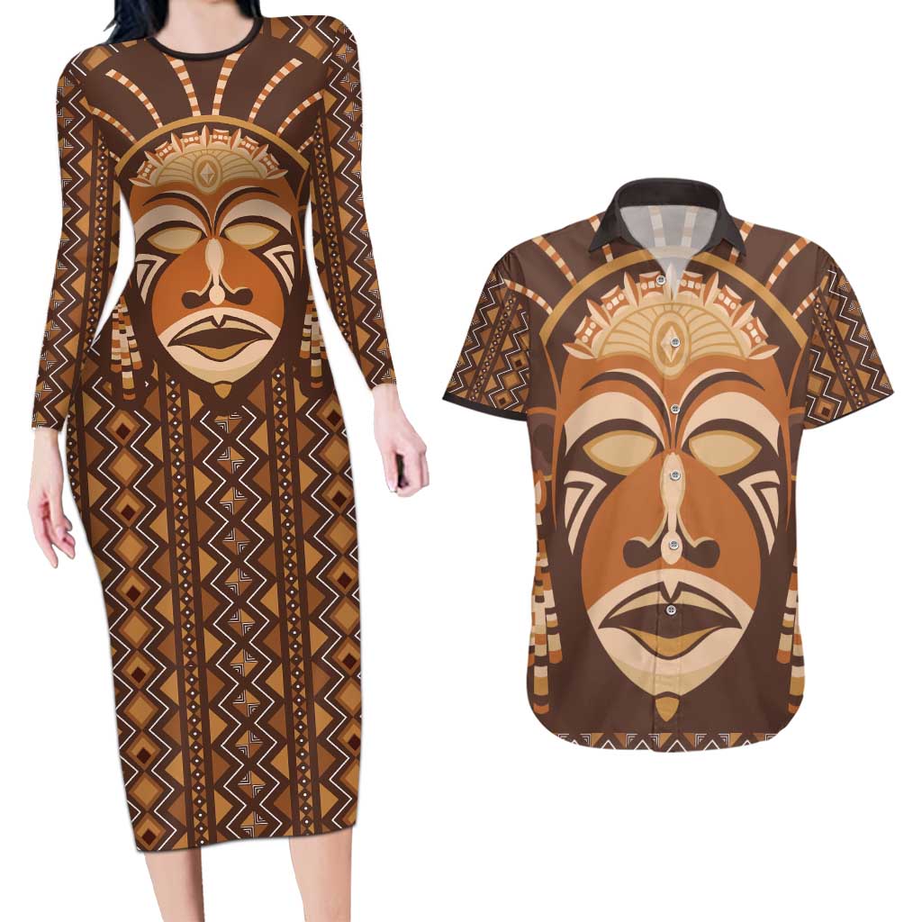 African Mask Printed Mudcloth Couples Matching Long Sleeve Bodycon Dress and Hawaiian Shirt - Wonder Print Shop