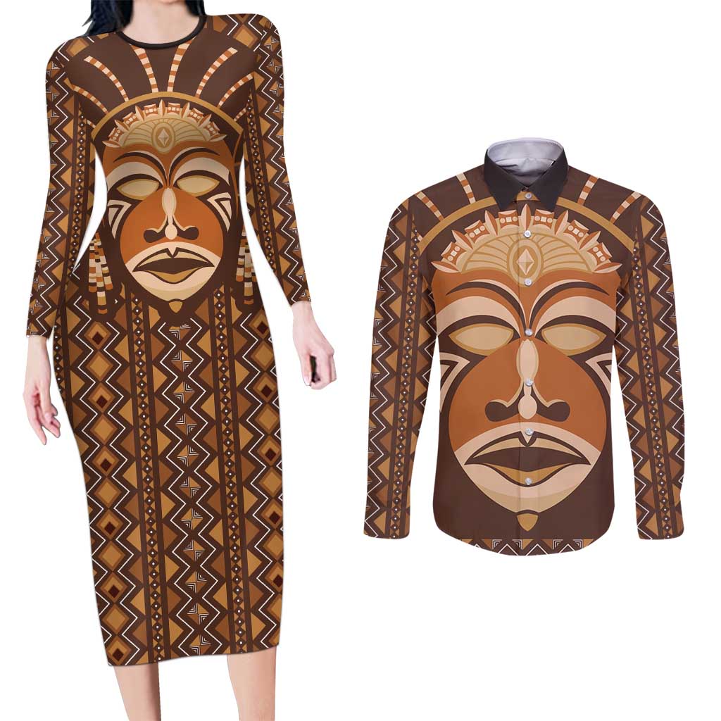 African Mask Printed Mudcloth Couples Matching Long Sleeve Bodycon Dress and Long Sleeve Button Shirt - Wonder Print Shop