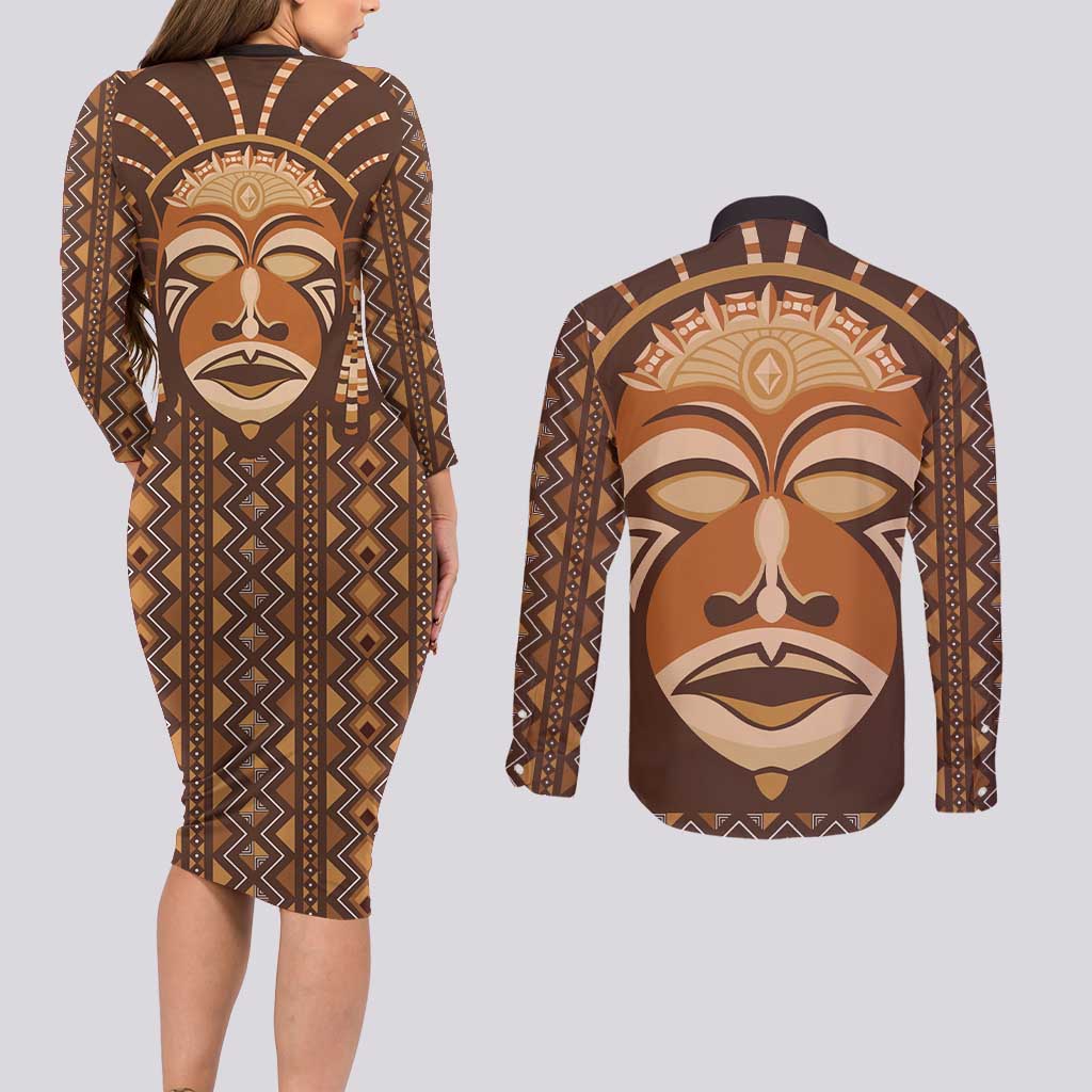 African Mask Printed Mudcloth Couples Matching Long Sleeve Bodycon Dress and Long Sleeve Button Shirt - Wonder Print Shop