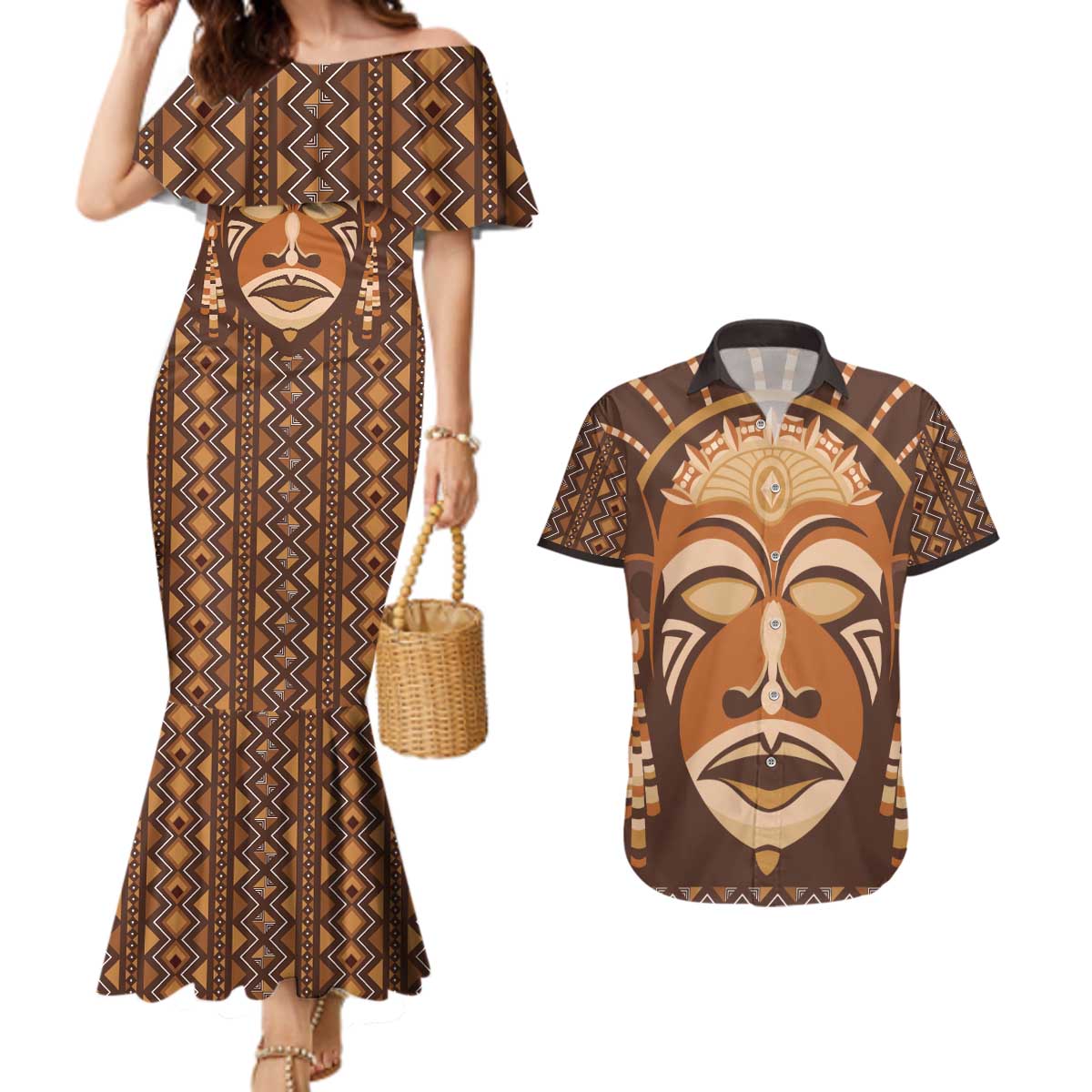 African Mask Printed Mudcloth Couples Matching Mermaid Dress and Hawaiian Shirt - Wonder Print Shop