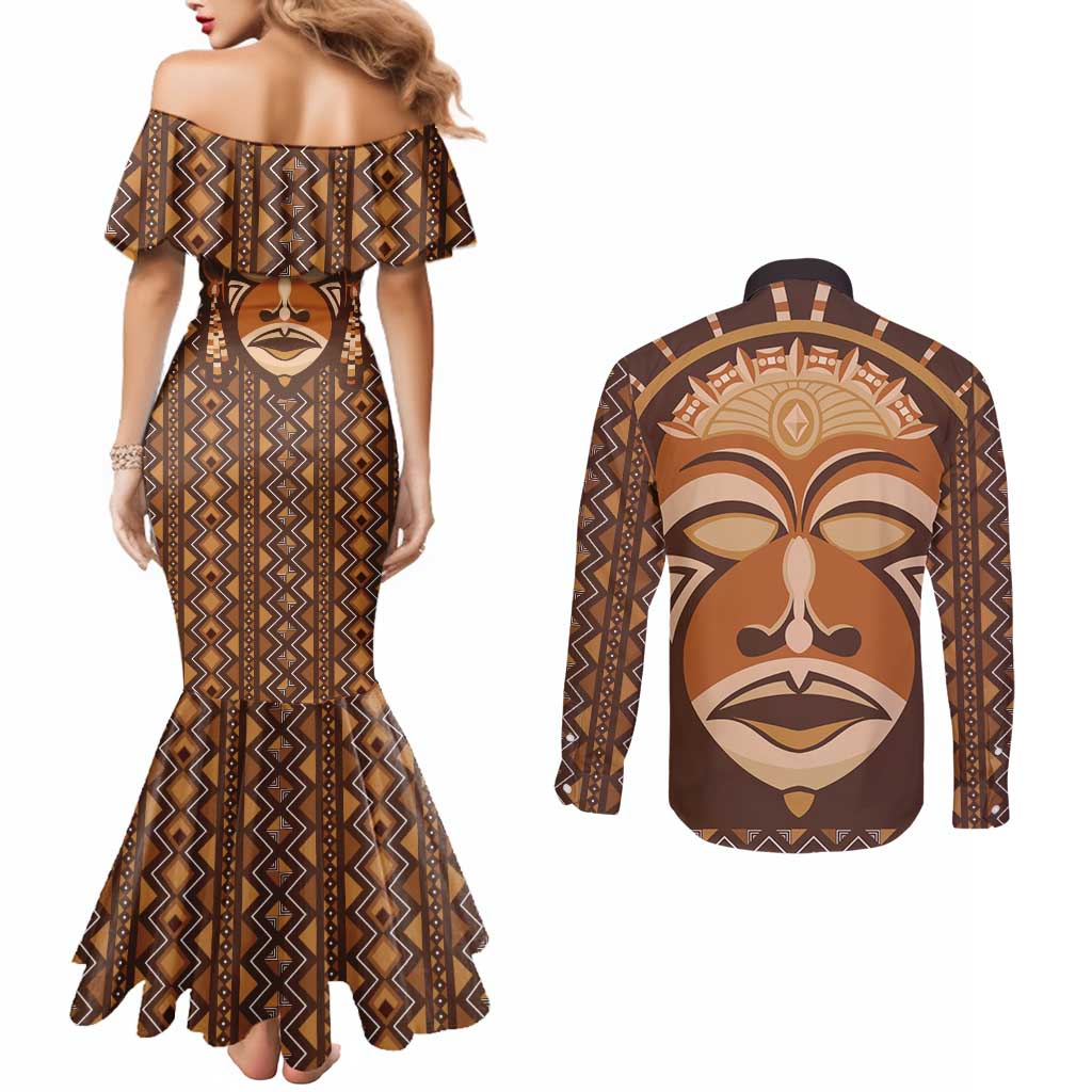 African Mask Printed Mudcloth Couples Matching Mermaid Dress and Long Sleeve Button Shirt