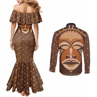 African Mask Printed Mudcloth Couples Matching Mermaid Dress and Long Sleeve Button Shirt