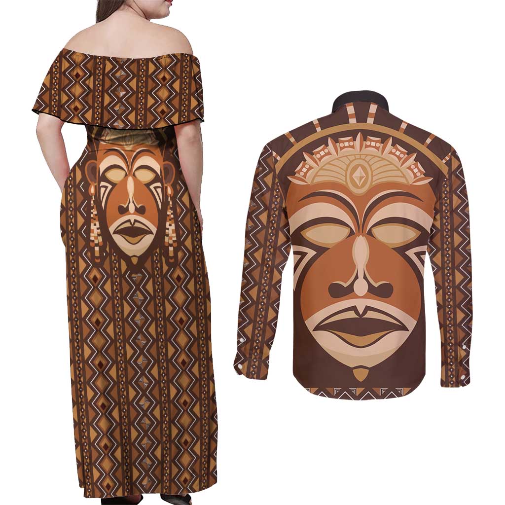 African Mask Printed Mudcloth Couples Matching Off Shoulder Maxi Dress and Long Sleeve Button Shirt - Wonder Print Shop
