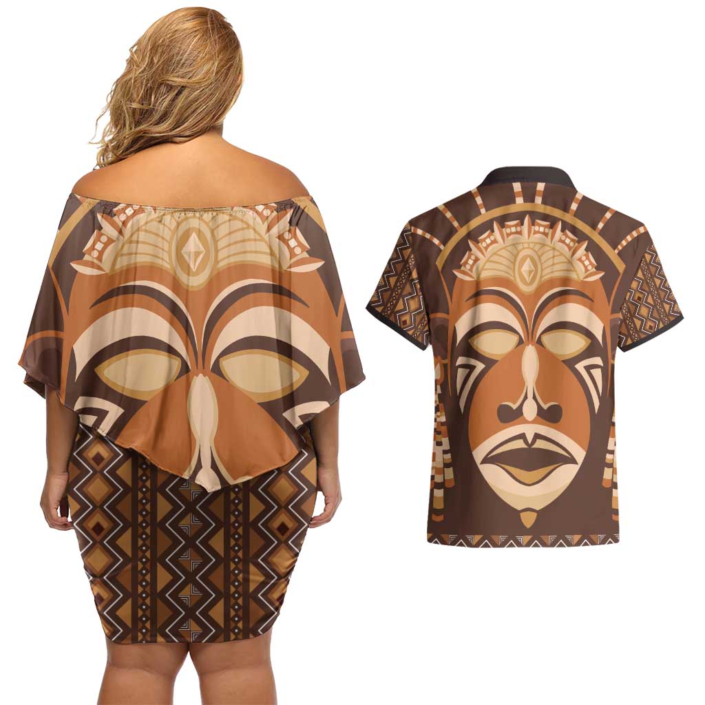African Mask Printed Mudcloth Couples Matching Off Shoulder Short Dress and Hawaiian Shirt - Wonder Print Shop