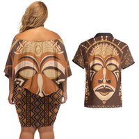 African Mask Printed Mudcloth Couples Matching Off Shoulder Short Dress and Hawaiian Shirt - Wonder Print Shop