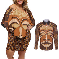 African Mask Printed Mudcloth Couples Matching Off Shoulder Short Dress and Long Sleeve Button Shirt - Wonder Print Shop