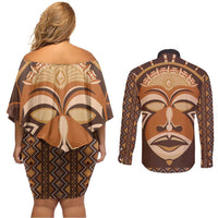 African Mask Printed Mudcloth Couples Matching Off Shoulder Short Dress and Long Sleeve Button Shirt - Wonder Print Shop
