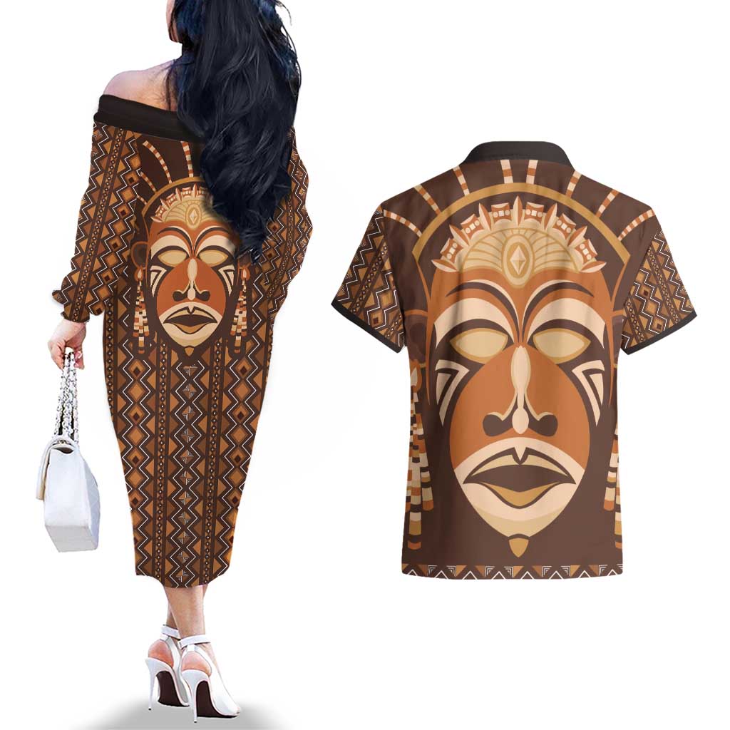 African Mask Printed Mudcloth Couples Matching Off The Shoulder Long Sleeve Dress and Hawaiian Shirt - Wonder Print Shop