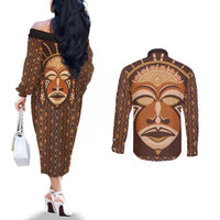 African Mask Printed Mudcloth Couples Matching Off The Shoulder Long Sleeve Dress and Long Sleeve Button Shirt