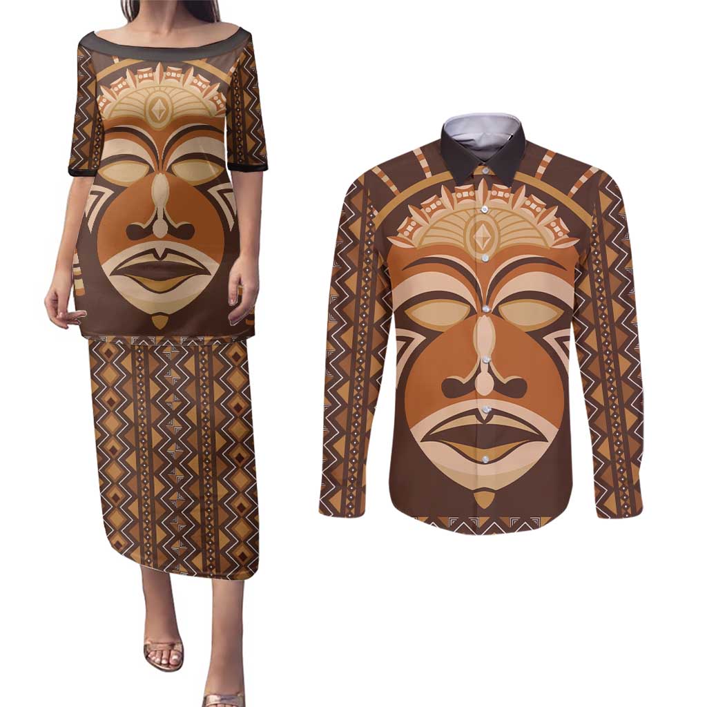 African Mask Printed Mudcloth Couples Matching Puletasi and Long Sleeve Button Shirt - Wonder Print Shop