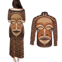 African Mask Printed Mudcloth Couples Matching Puletasi and Long Sleeve Button Shirt - Wonder Print Shop