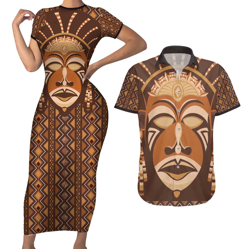 African Mask Printed Mudcloth Couples Matching Short Sleeve Bodycon Dress and Hawaiian Shirt - Wonder Print Shop
