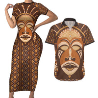 African Mask Printed Mudcloth Couples Matching Short Sleeve Bodycon Dress and Hawaiian Shirt - Wonder Print Shop