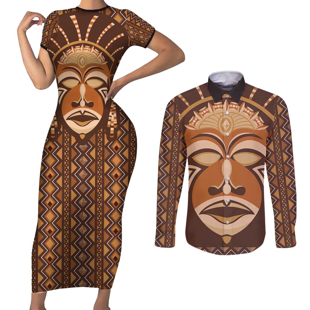 African Mask Printed Mudcloth Couples Matching Short Sleeve Bodycon Dress and Long Sleeve Button Shirt - Wonder Print Shop
