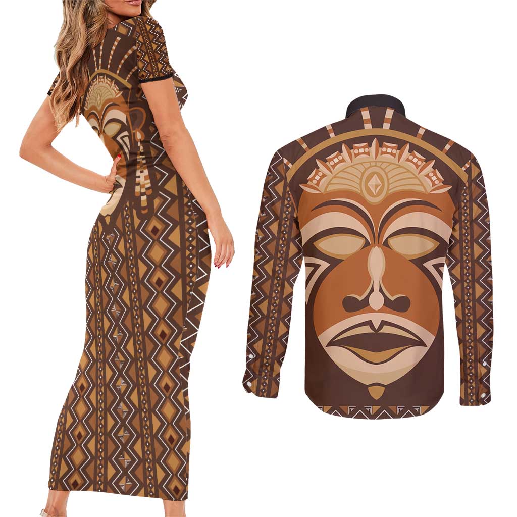 African Mask Printed Mudcloth Couples Matching Short Sleeve Bodycon Dress and Long Sleeve Button Shirt - Wonder Print Shop
