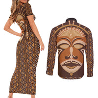 African Mask Printed Mudcloth Couples Matching Short Sleeve Bodycon Dress and Long Sleeve Button Shirt - Wonder Print Shop