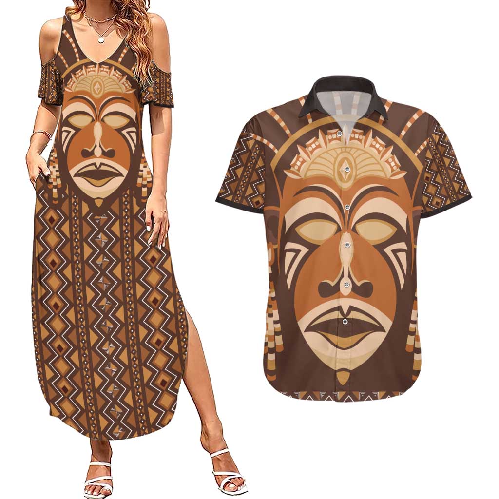 African Mask Printed Mudcloth Couples Matching Summer Maxi Dress and Hawaiian Shirt - Wonder Print Shop