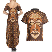 African Mask Printed Mudcloth Couples Matching Summer Maxi Dress and Hawaiian Shirt - Wonder Print Shop