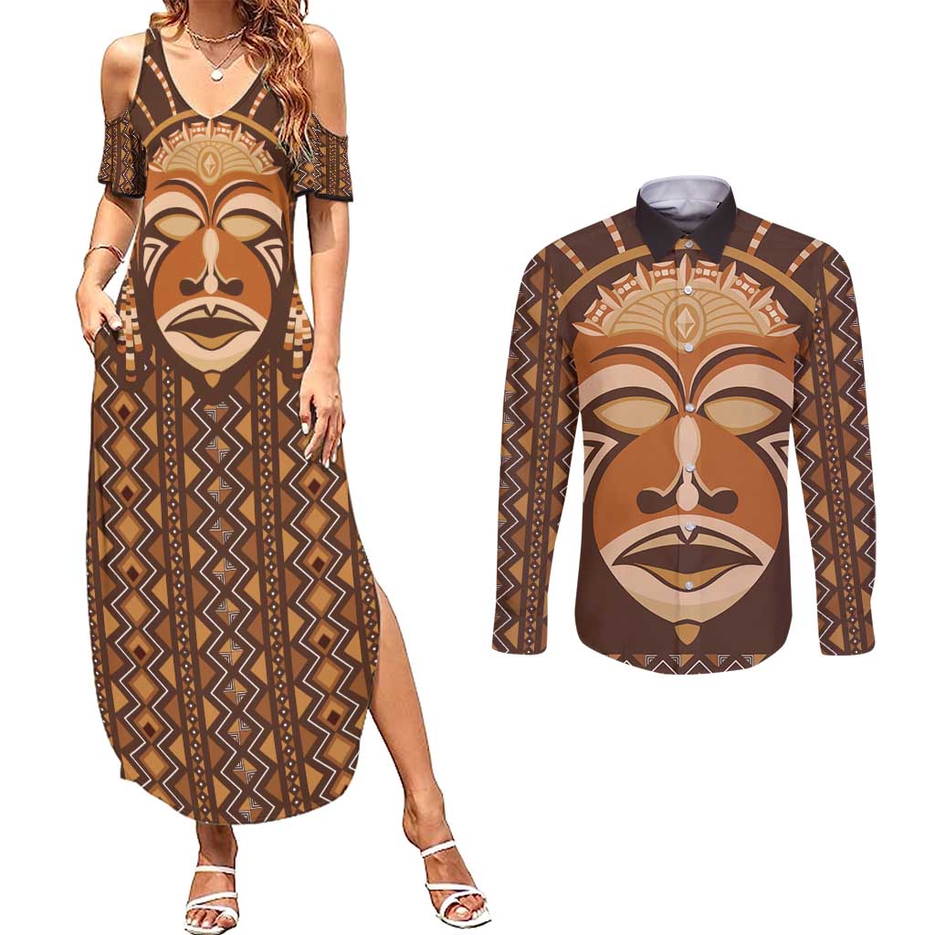 African Mask Printed Mudcloth Couples Matching Summer Maxi Dress and Long Sleeve Button Shirt - Wonder Print Shop