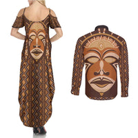 African Mask Printed Mudcloth Couples Matching Summer Maxi Dress and Long Sleeve Button Shirt - Wonder Print Shop