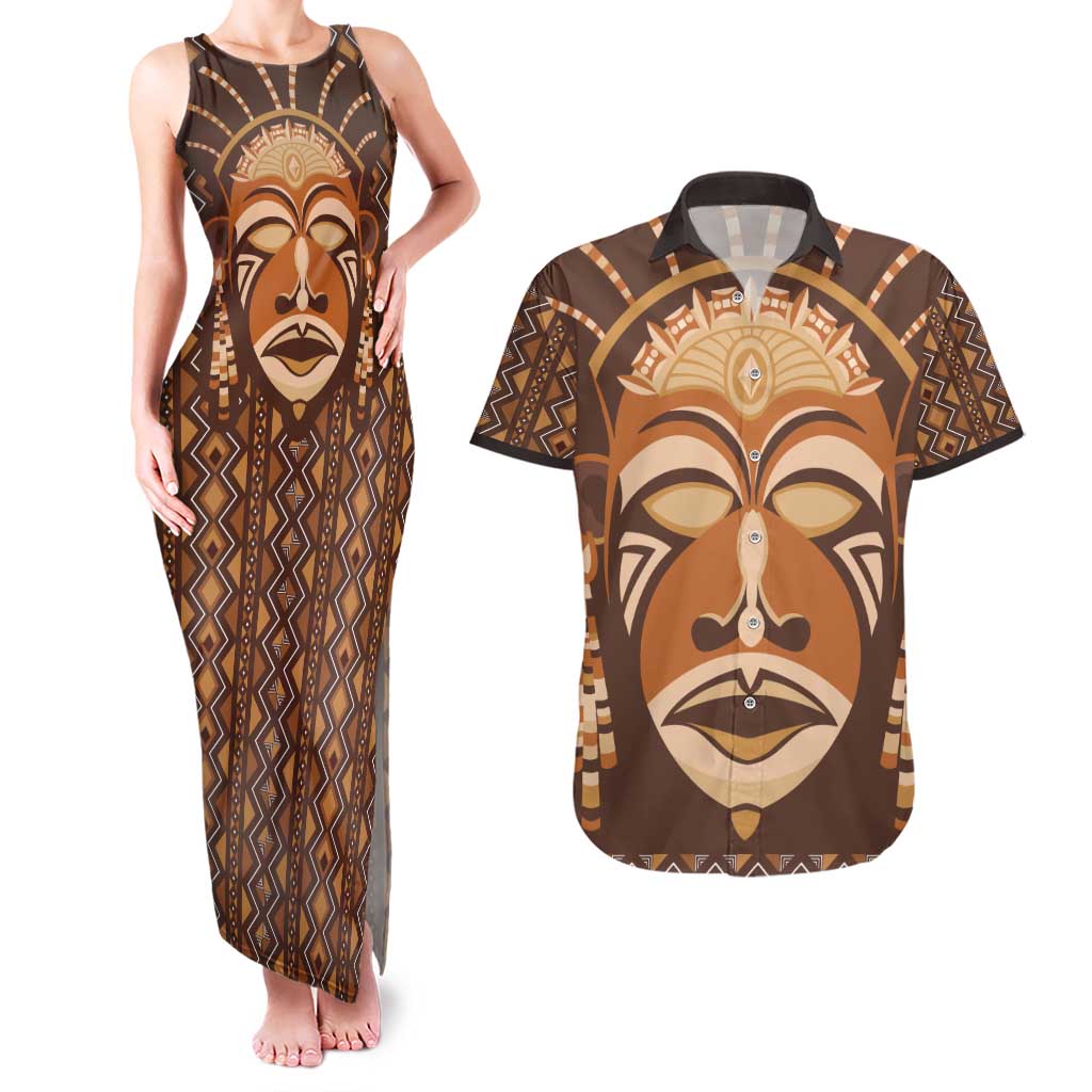 African Mask Printed Mudcloth Couples Matching Tank Maxi Dress and Hawaiian Shirt - Wonder Print Shop