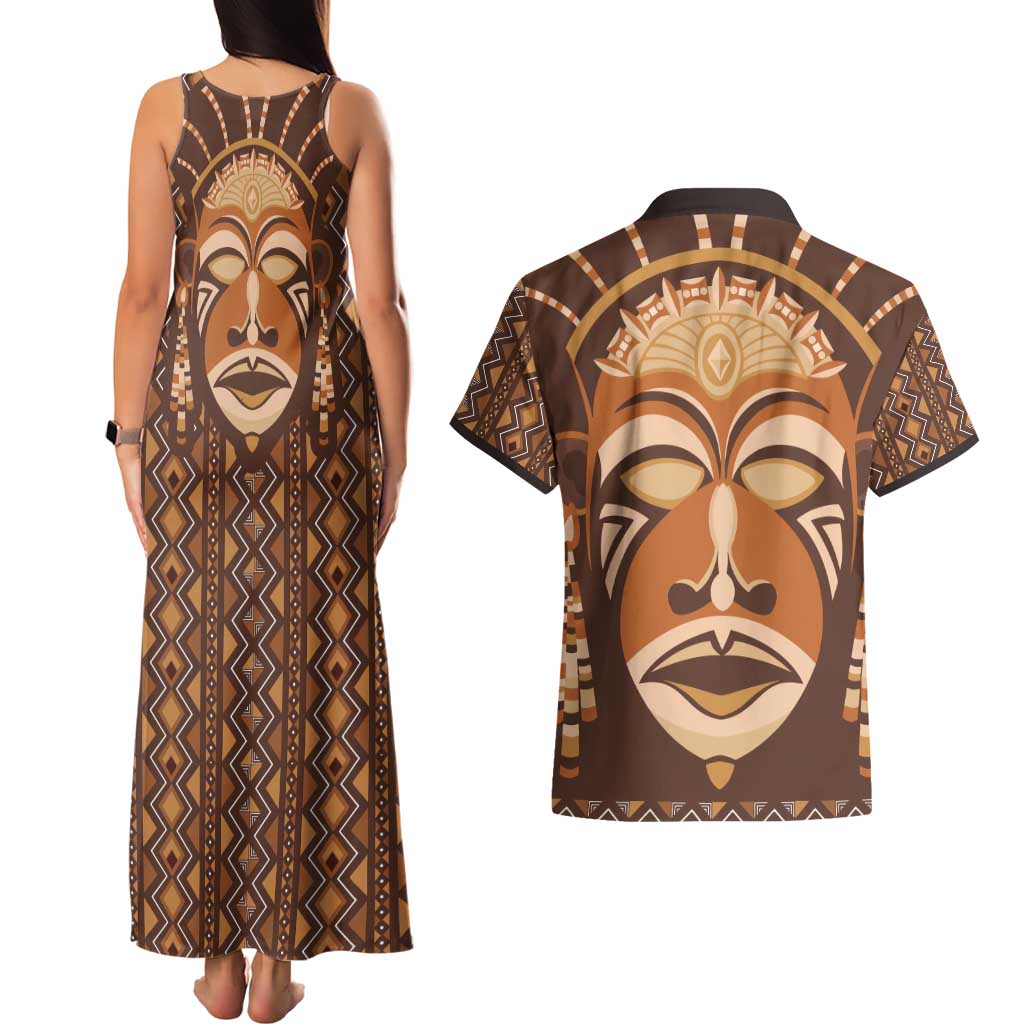 African Mask Printed Mudcloth Couples Matching Tank Maxi Dress and Hawaiian Shirt - Wonder Print Shop