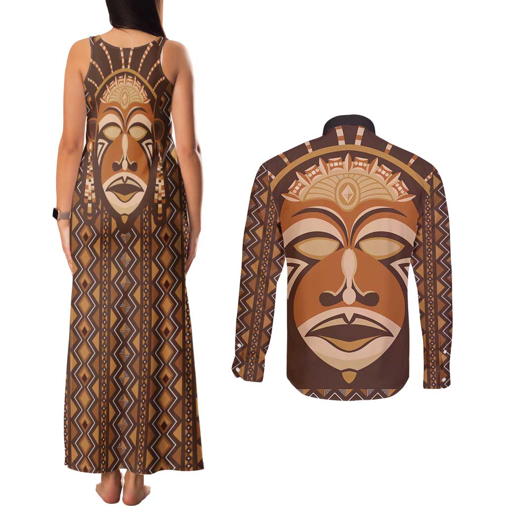 African Mask Printed Mudcloth Couples Matching Tank Maxi Dress and Long Sleeve Button Shirt - Wonder Print Shop