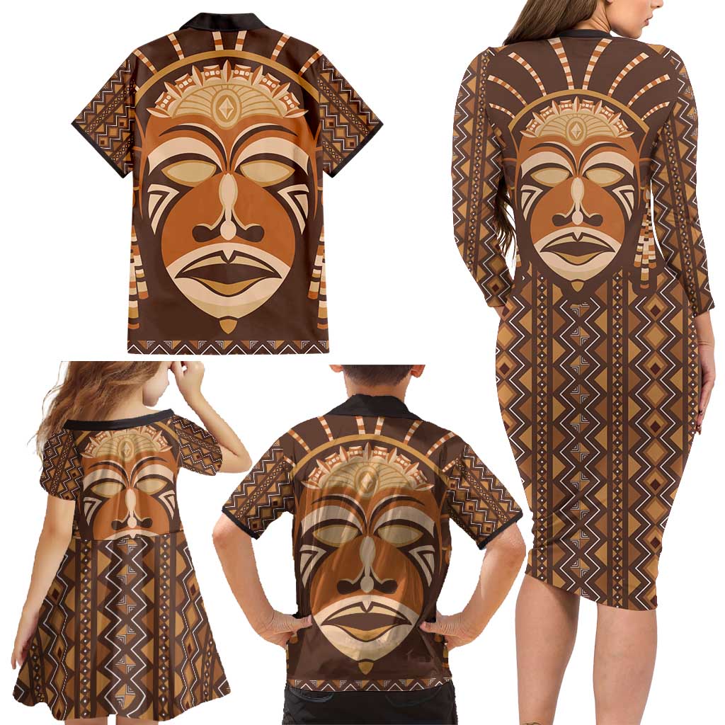 African Mask Printed Mudcloth Family Matching Long Sleeve Bodycon Dress and Hawaiian Shirt - Wonder Print Shop