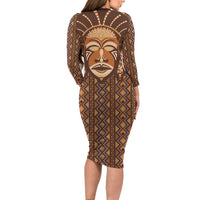 African Mask Printed Mudcloth Family Matching Long Sleeve Bodycon Dress and Hawaiian Shirt - Wonder Print Shop