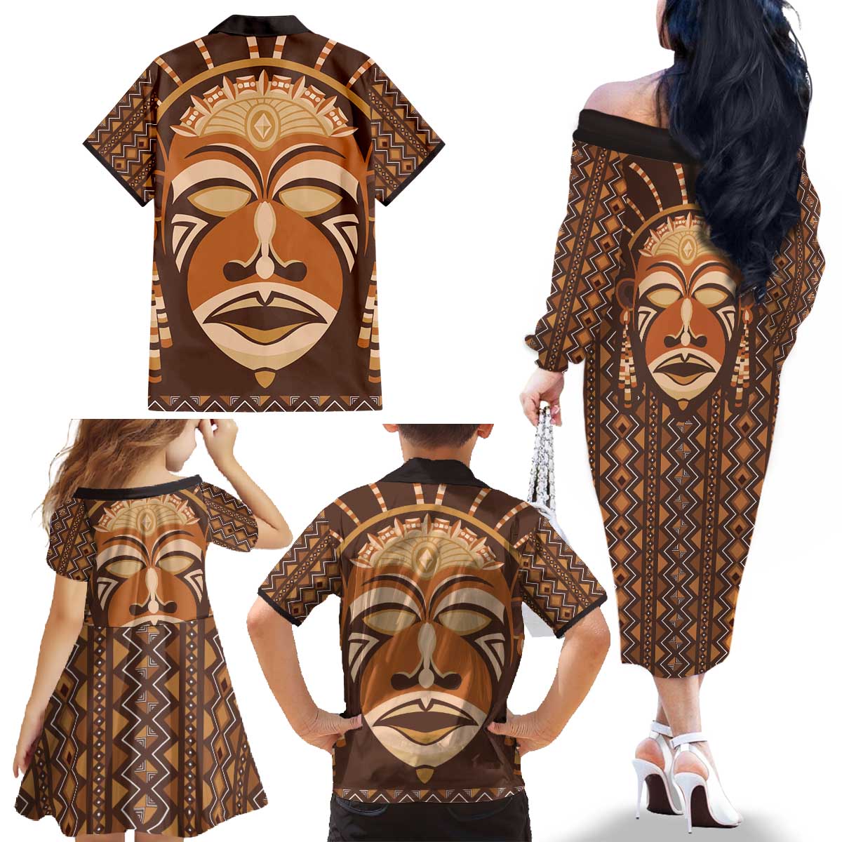 African Mask Printed Mudcloth Family Matching Off The Shoulder Long Sleeve Dress and Hawaiian Shirt - Wonder Print Shop