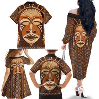 African Mask Printed Mudcloth Family Matching Off The Shoulder Long Sleeve Dress and Hawaiian Shirt - Wonder Print Shop