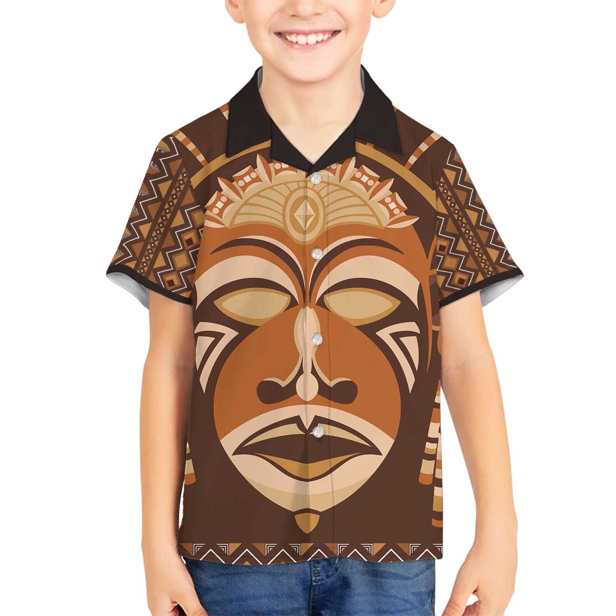 African Mask Printed Mudcloth Family Matching Off The Shoulder Long Sleeve Dress and Hawaiian Shirt - Wonder Print Shop