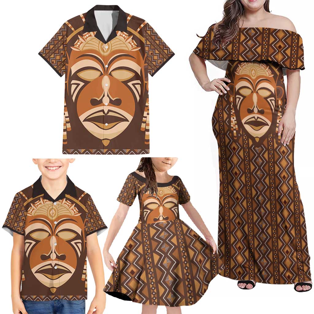 African Mask Printed Mudcloth Family Matching Off Shoulder Maxi Dress and Hawaiian Shirt - Wonder Print Shop