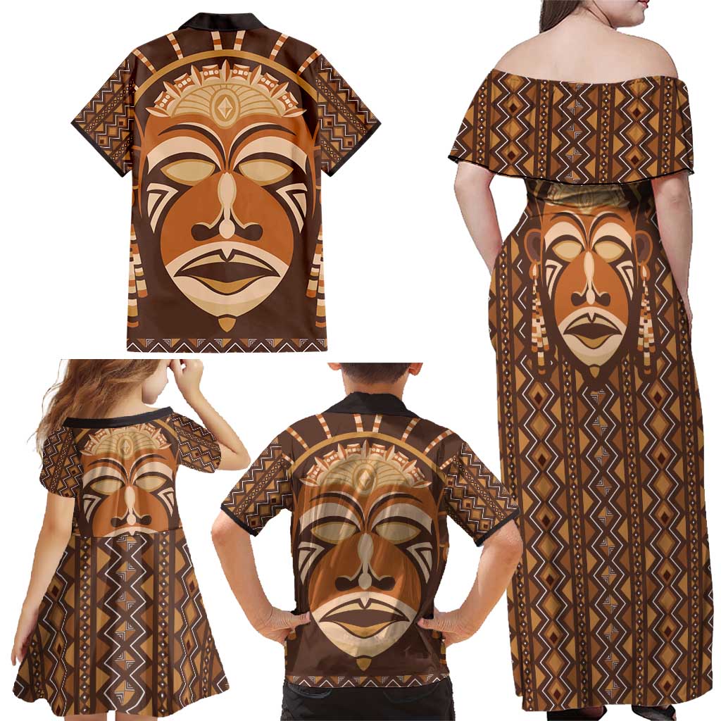African Mask Printed Mudcloth Family Matching Off Shoulder Maxi Dress and Hawaiian Shirt - Wonder Print Shop