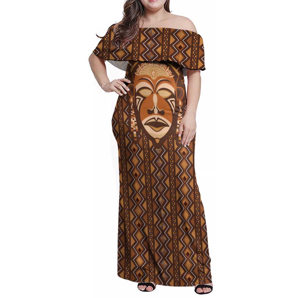African Mask Printed Mudcloth Family Matching Off Shoulder Maxi Dress and Hawaiian Shirt - Wonder Print Shop