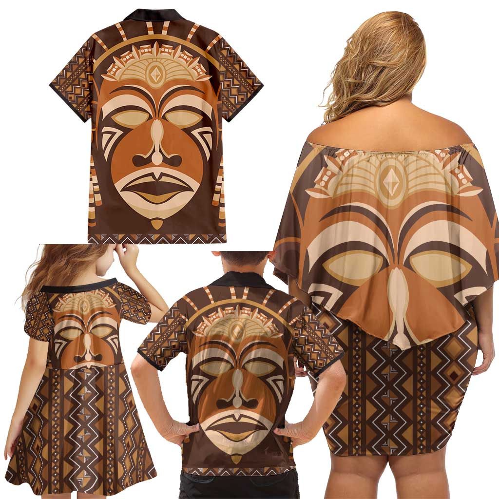 African Mask Printed Mudcloth Family Matching Off Shoulder Short Dress and Hawaiian Shirt - Wonder Print Shop