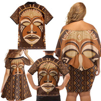 African Mask Printed Mudcloth Family Matching Off Shoulder Short Dress and Hawaiian Shirt - Wonder Print Shop