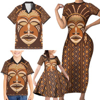 African Mask Printed Mudcloth Family Matching Short Sleeve Bodycon Dress and Hawaiian Shirt - Wonder Print Shop