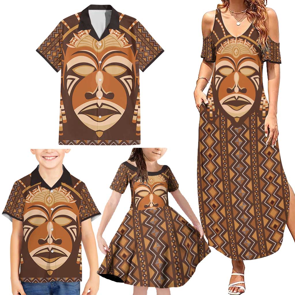 African Mask Printed Mudcloth Family Matching Summer Maxi Dress and Hawaiian Shirt - Wonder Print Shop