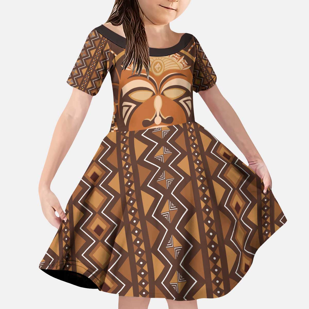African Mask Printed Mudcloth Kid Short Sleeve Dress - Wonder Print Shop