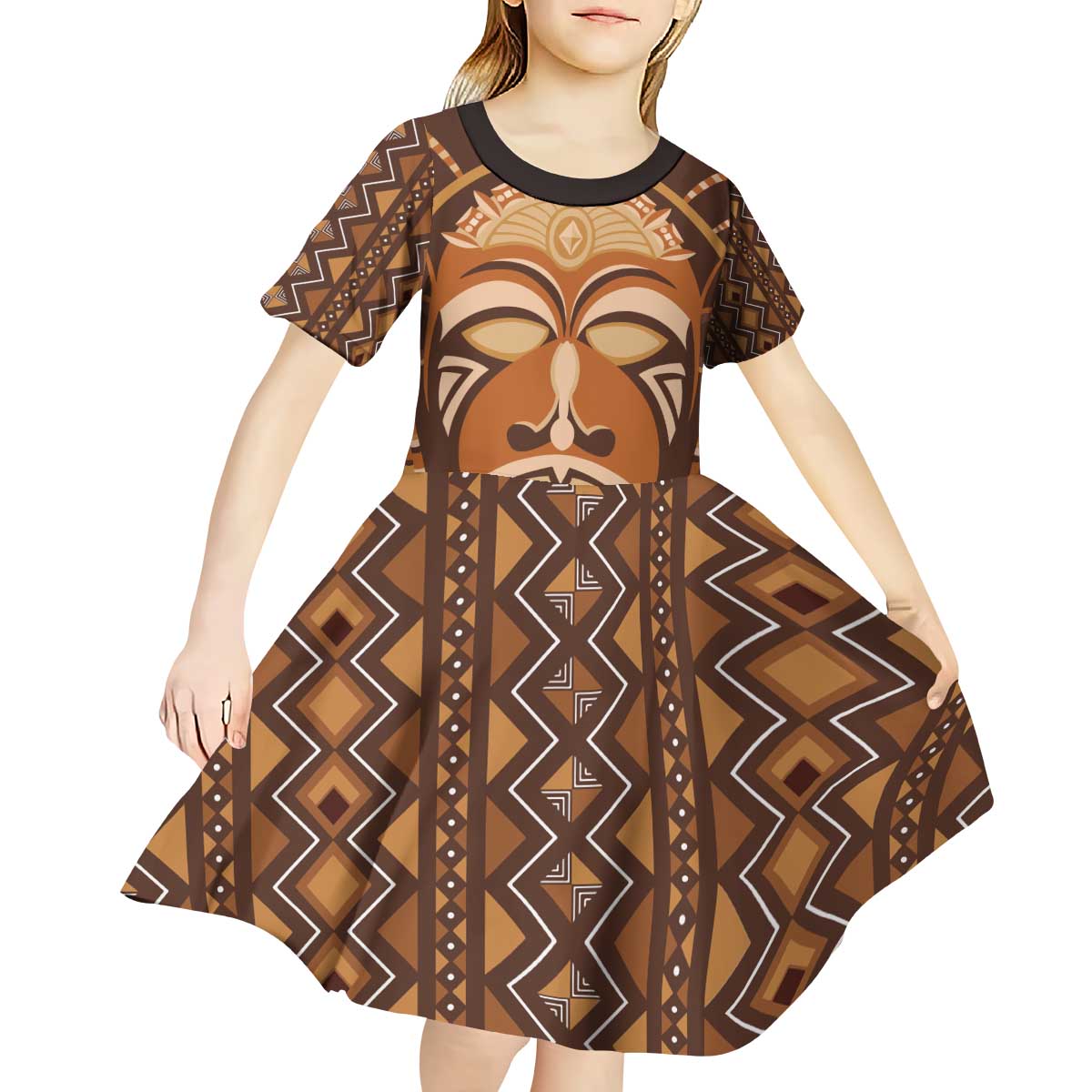 African Mask Printed Mudcloth Kid Short Sleeve Dress - Wonder Print Shop