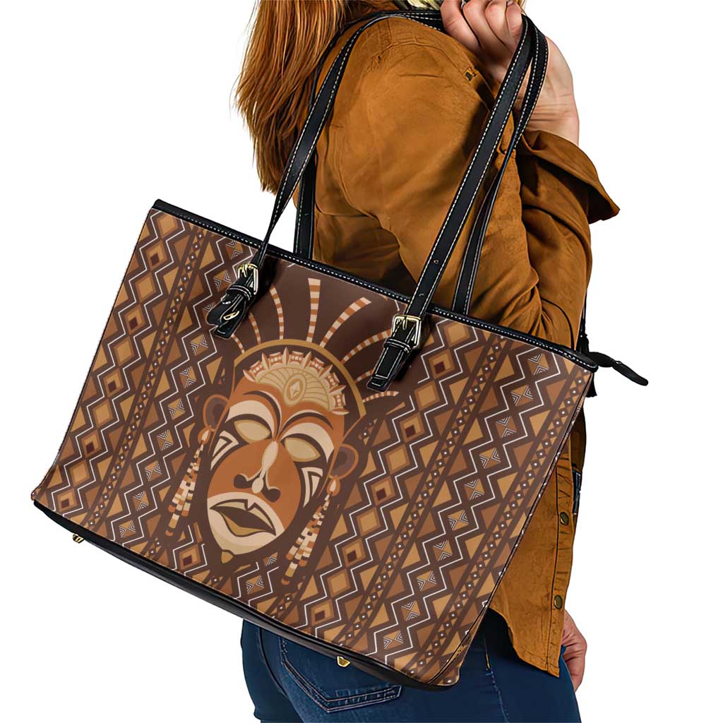 African Mask Printed Mudcloth Leather Tote Bag - Wonder Print Shop