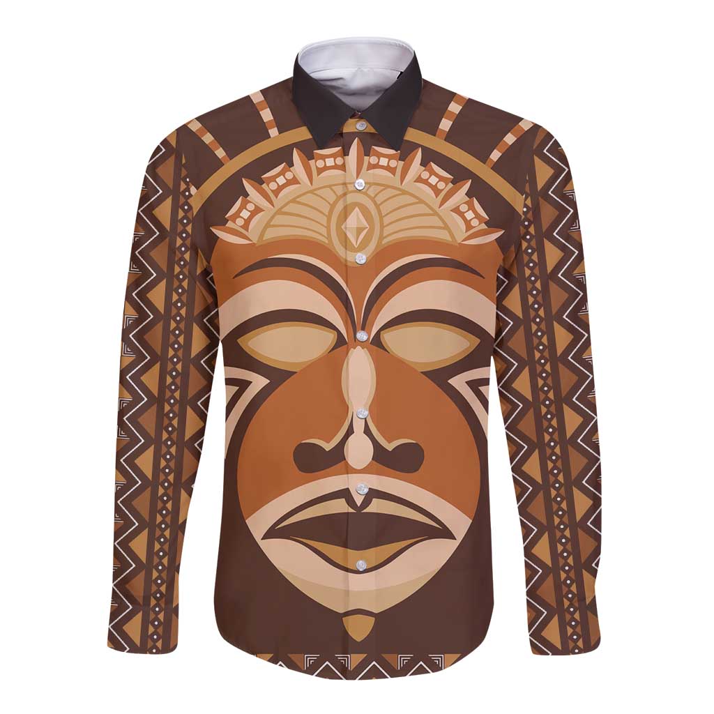 African Mask Printed Mudcloth Long Sleeve Button Shirt - Wonder Print Shop