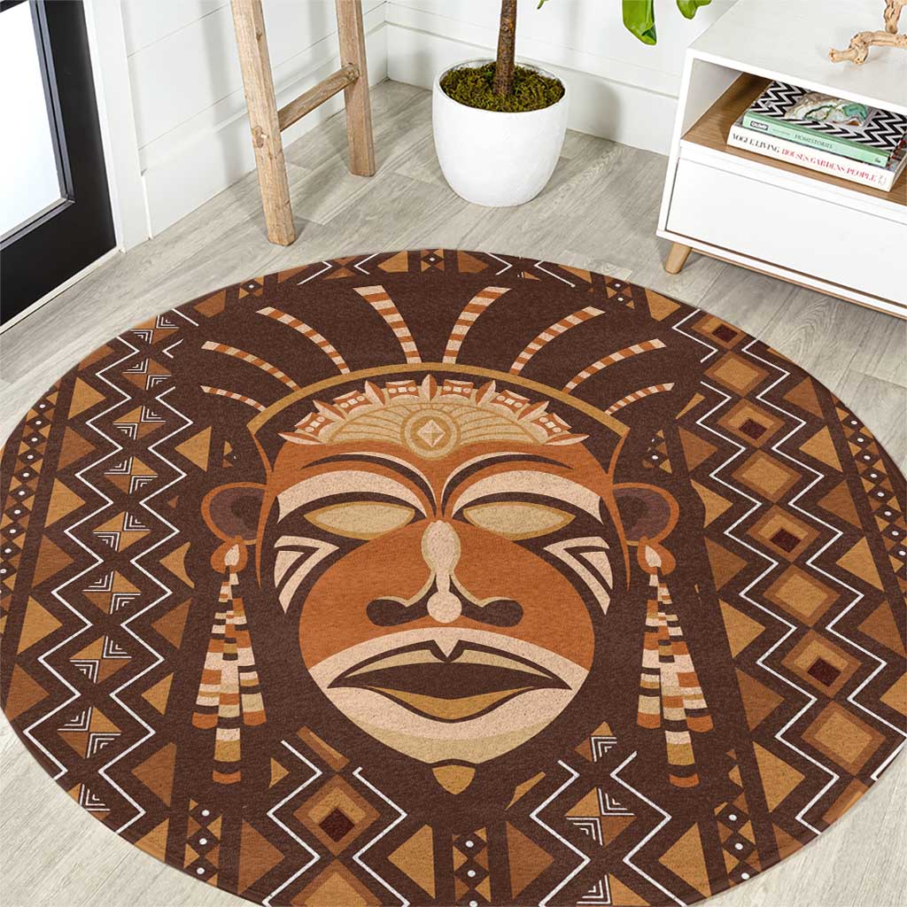 African Mask Printed Mudcloth Round Carpet