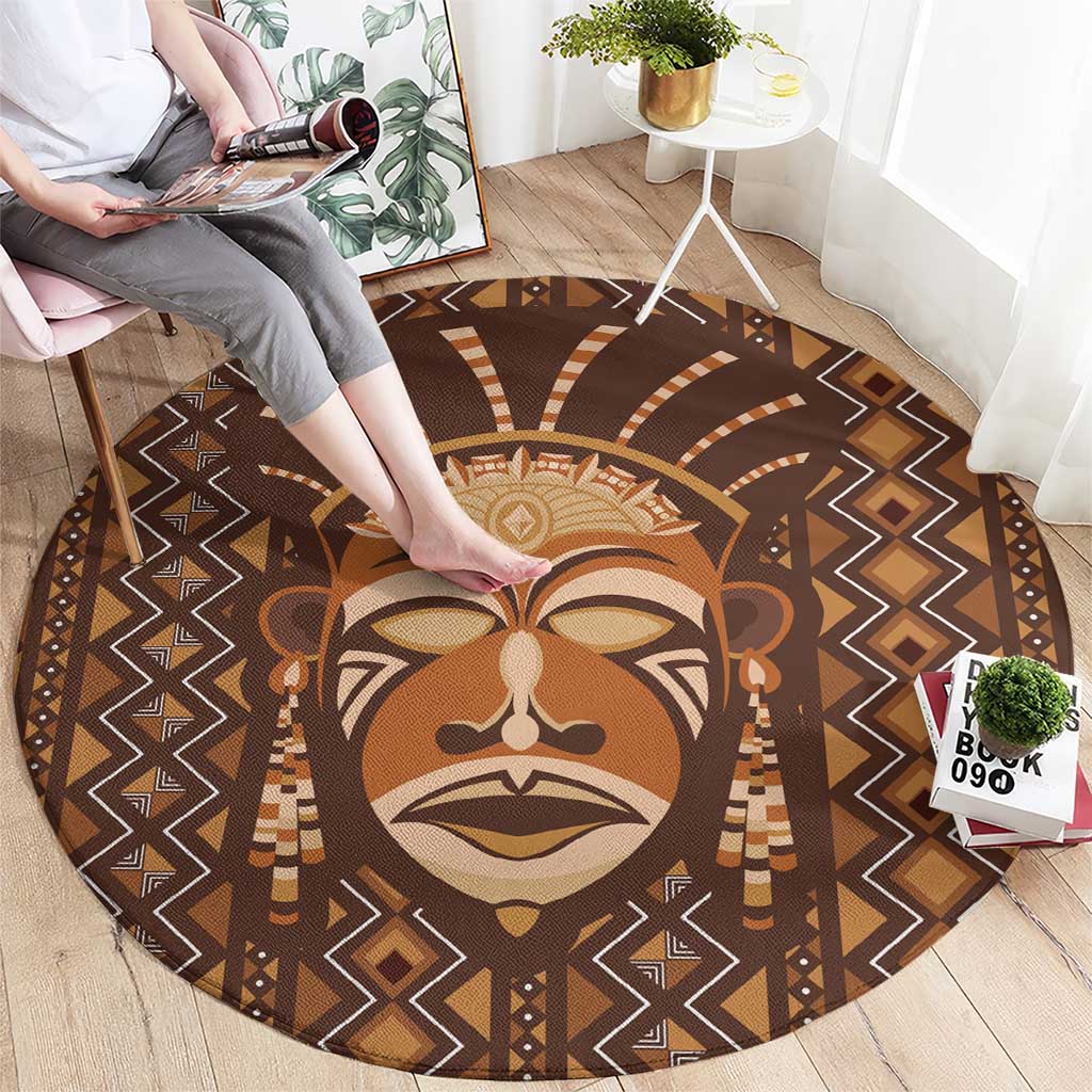 African Mask Printed Mudcloth Round Carpet