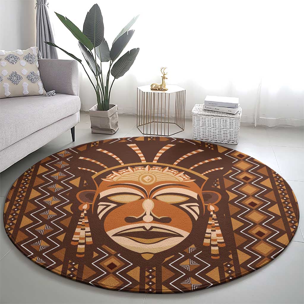 African Mask Printed Mudcloth Round Carpet