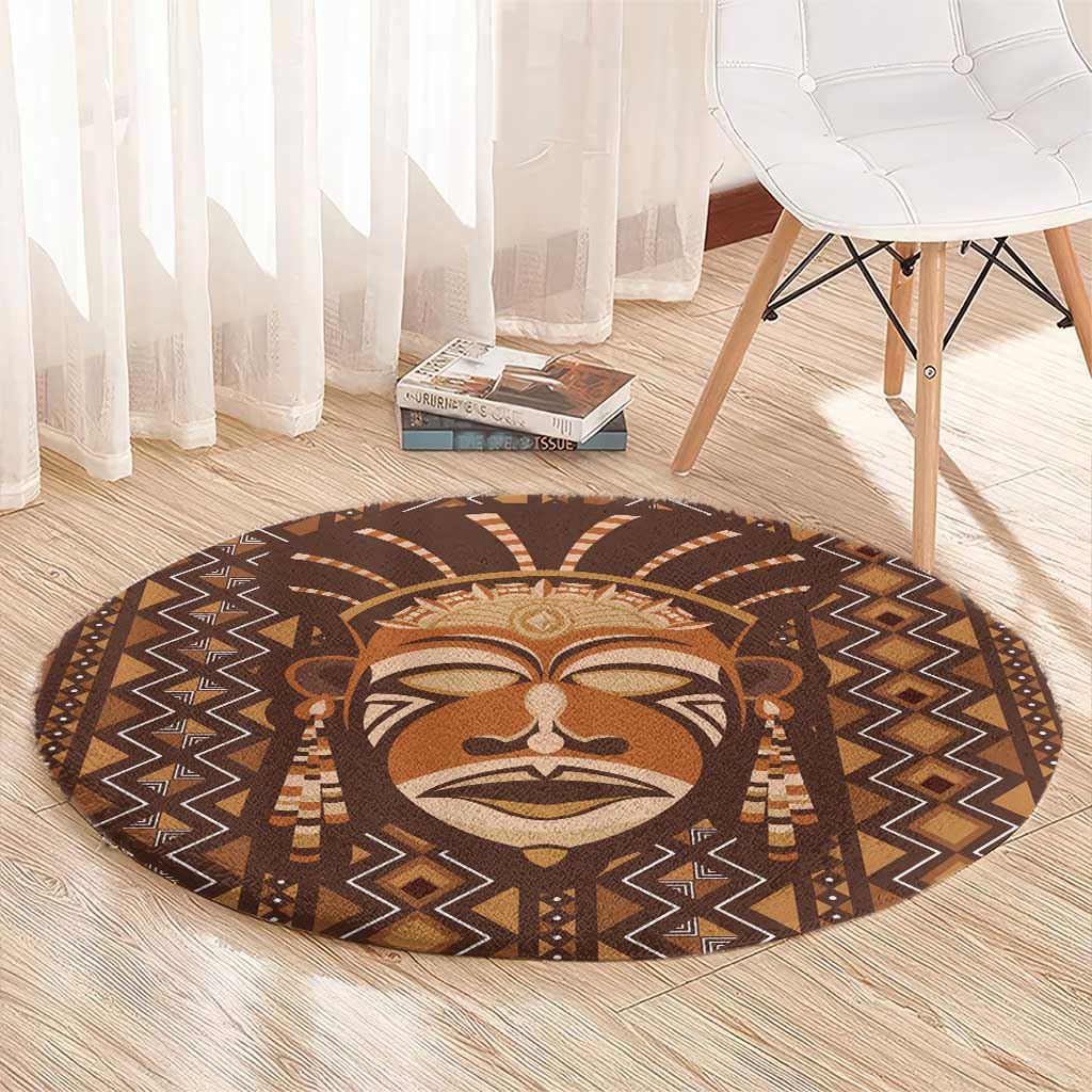 African Mask Printed Mudcloth Round Carpet